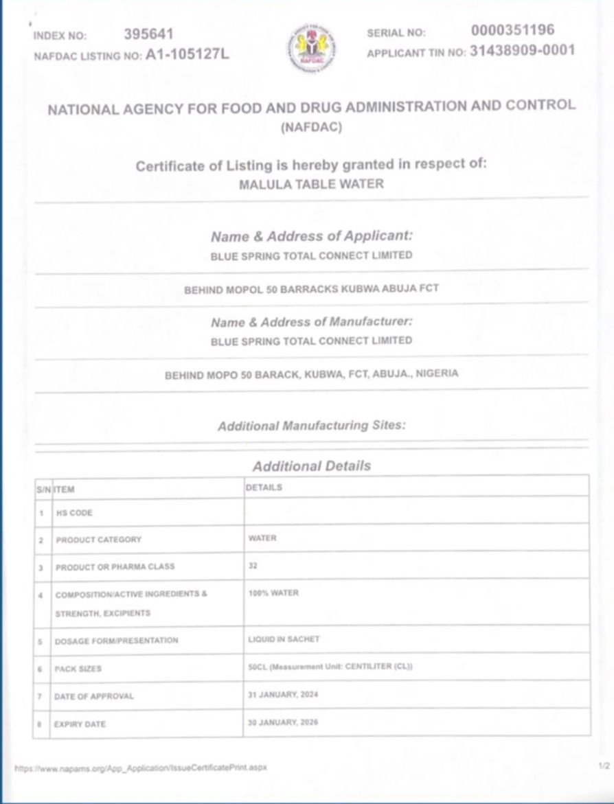 NAFDAC Certificate